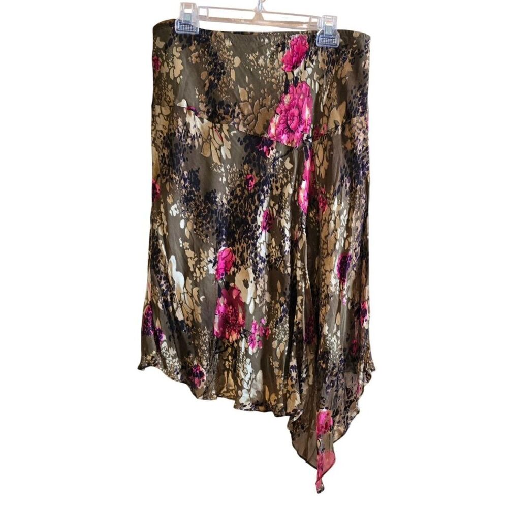 Asymmetrical Floral Skirt Large Green Pink Brown High-Low cottagecore
